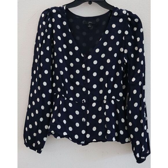 J.Crew L1742 Women's Sz 6 Navy Blue/White Polka Dot Long Sleeve Peplum Blouse - Picture 1 of 6